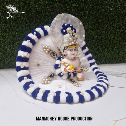 White Laddu Gopal Ji Dress with Navy Blue Velvet Stripes | Elegant Pearl & Kundan Poshak