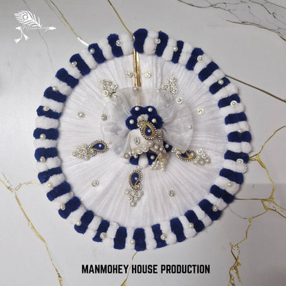 White Laddu Gopal Ji Dress with Navy Blue Velvet Stripes | Elegant Pearl & Kundan Poshak
