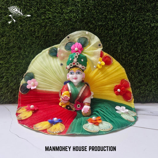 Multicolor Fancy Laddu Gopal Ji Dress with Floral Design & Pleated Net
