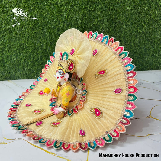 Golden Royal Laddu Gopal Heavy Dress – Handcrafted Bal Gopal Poshak with Multicolor Border & Embroidery