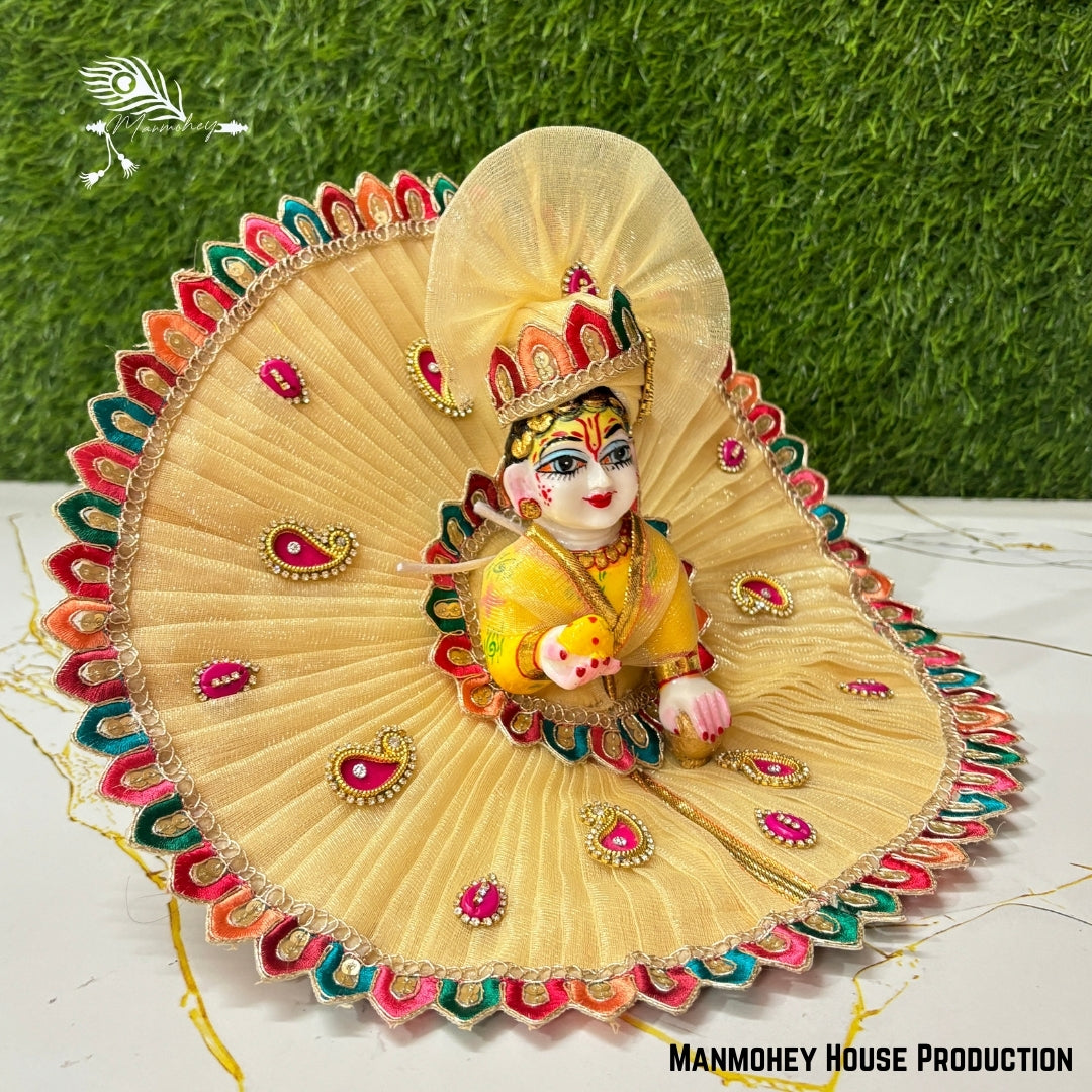 Golden Royal Laddu Gopal Heavy Dress – Handcrafted Bal Gopal Poshak with Multicolor Border & Embroidery