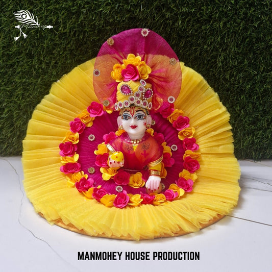 Yellow & Pink Floral Laddu Gopal Ji Dress with Pleated Design and Decorative Mukut