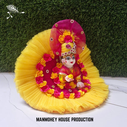 Yellow & Pink Floral Laddu Gopal Ji Dress with Pleated Design and Decorative Mukut