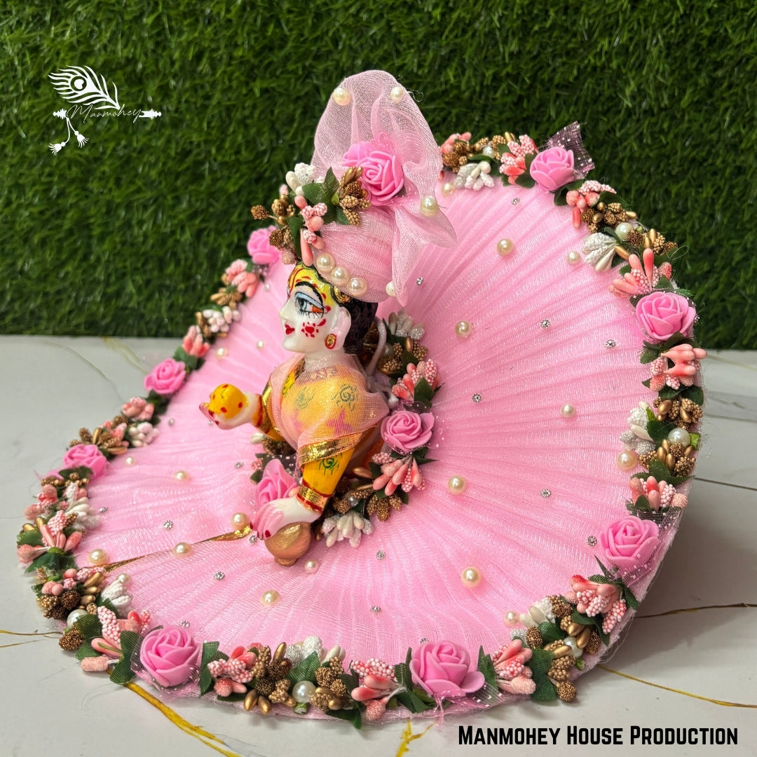 Elegant Pink Floral Laddu Gopal Ji Dress with Pearl & Rose Border