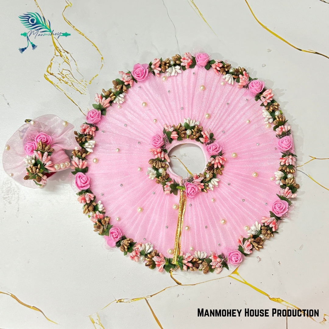 Elegant Pink Floral Laddu Gopal Ji Dress with Pearl & Rose Border