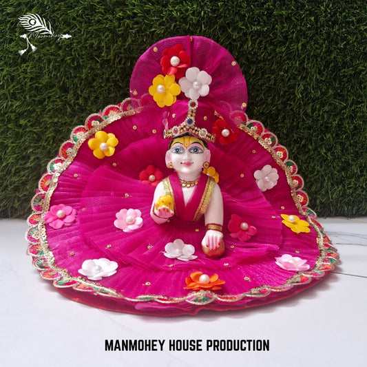 Hot Pink Floral Laddu Gopal Ji Dress with Decorative Lace and Crown