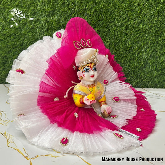 Pink & White Laddu Gopal Heavy Poshak – Handmade Krishna Ji Dress with Pearl & Stone Embellishments