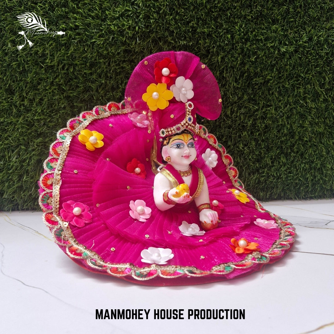 Hot Pink Floral Laddu Gopal Ji Dress with Decorative Lace and Crown