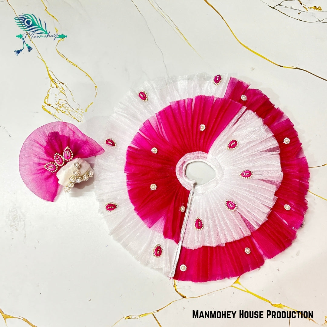 Pink & White Laddu Gopal Heavy Poshak – Handmade Krishna Ji Dress with Pearl & Stone Embellishments