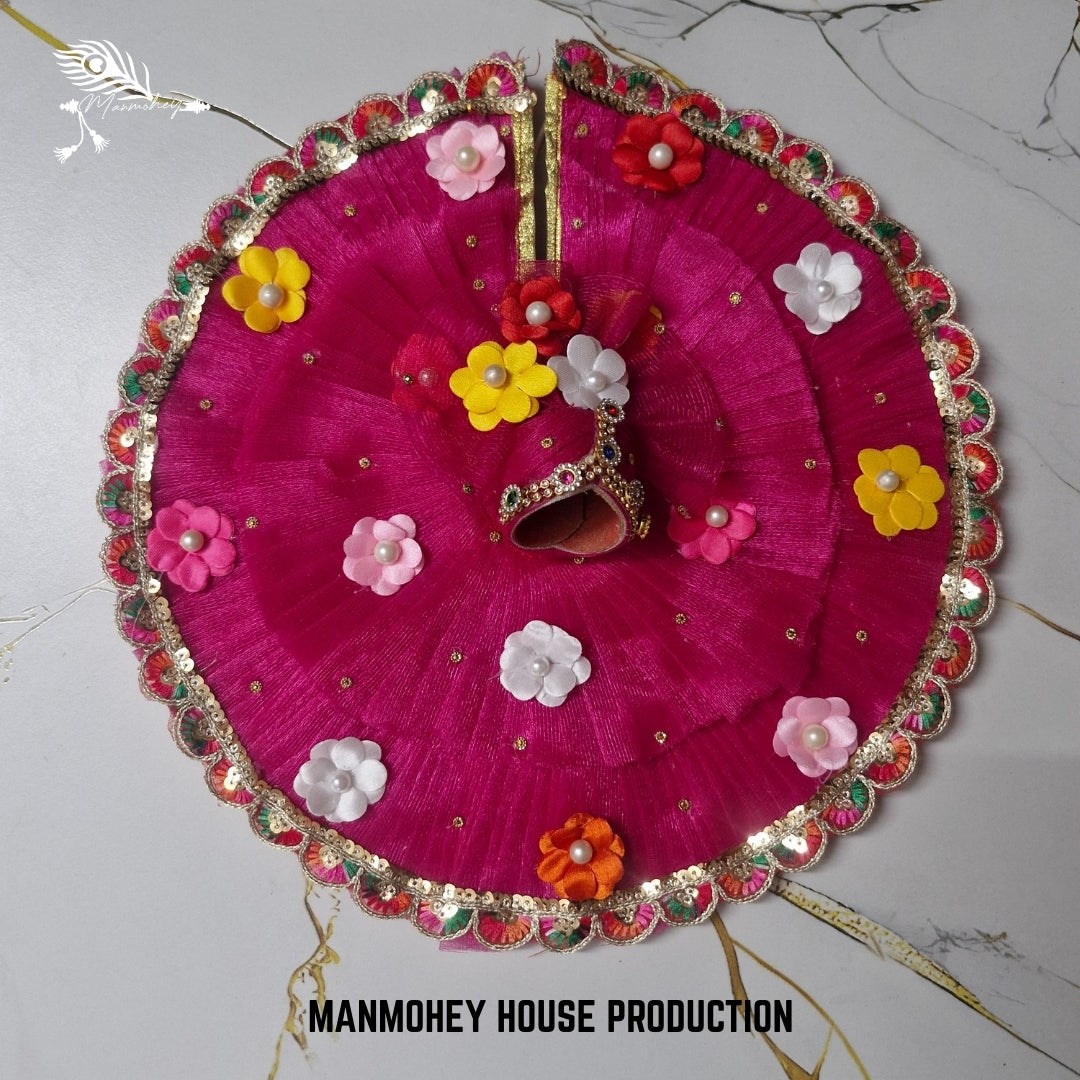 Hot Pink Floral Laddu Gopal Ji Dress with Decorative Lace and Crown