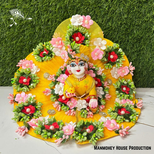 Elegant Yellow Floral & Pearl Embellished Laddu Gopal Poshak – Divine Krishna Ji Heavy Outfit