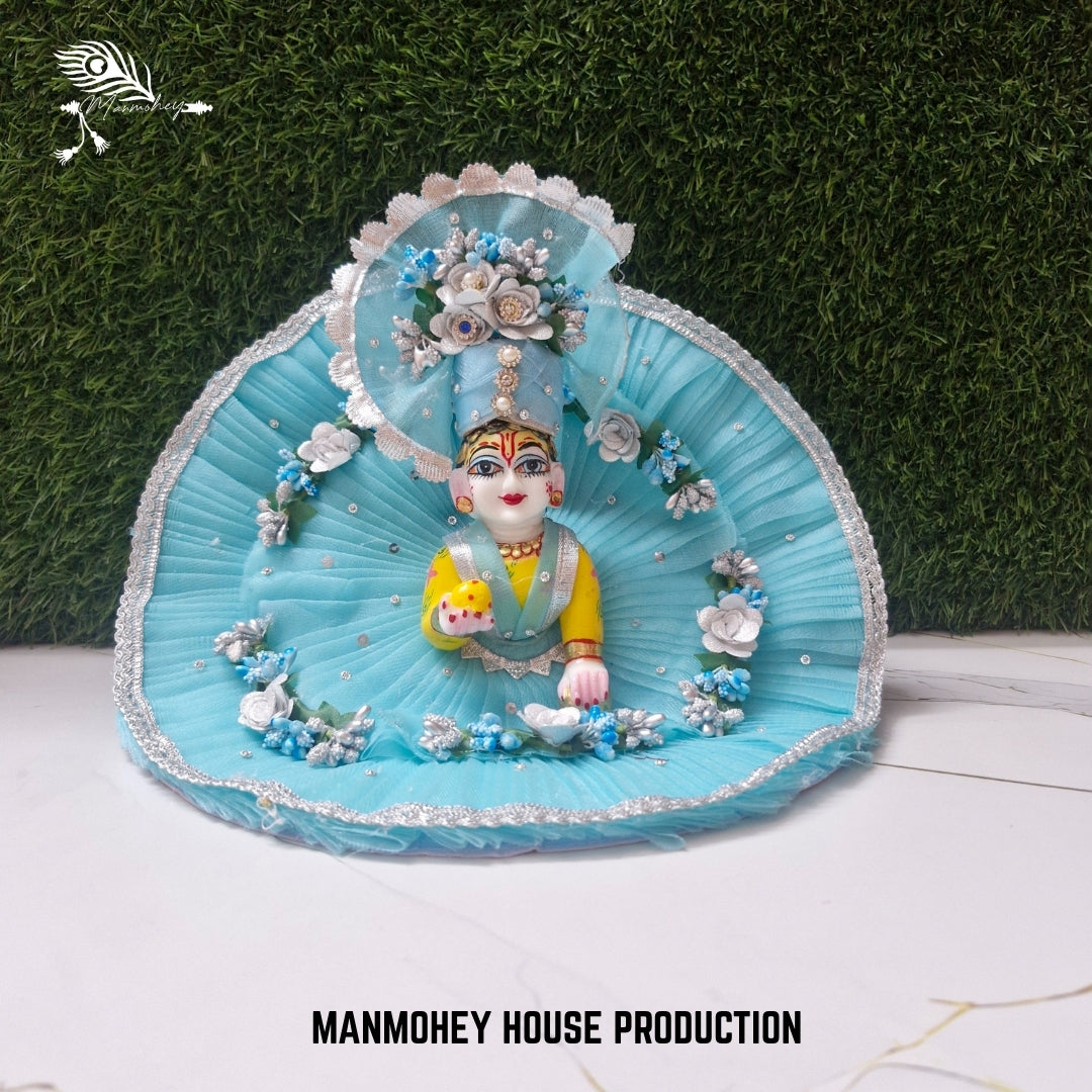 Elegant Sky Blue Laddu Gopal Dress with White Floral Design