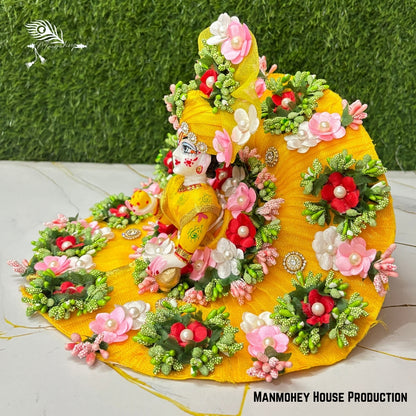 Elegant Yellow Floral & Pearl Embellished Laddu Gopal Poshak – Divine Krishna Ji Heavy Outfit