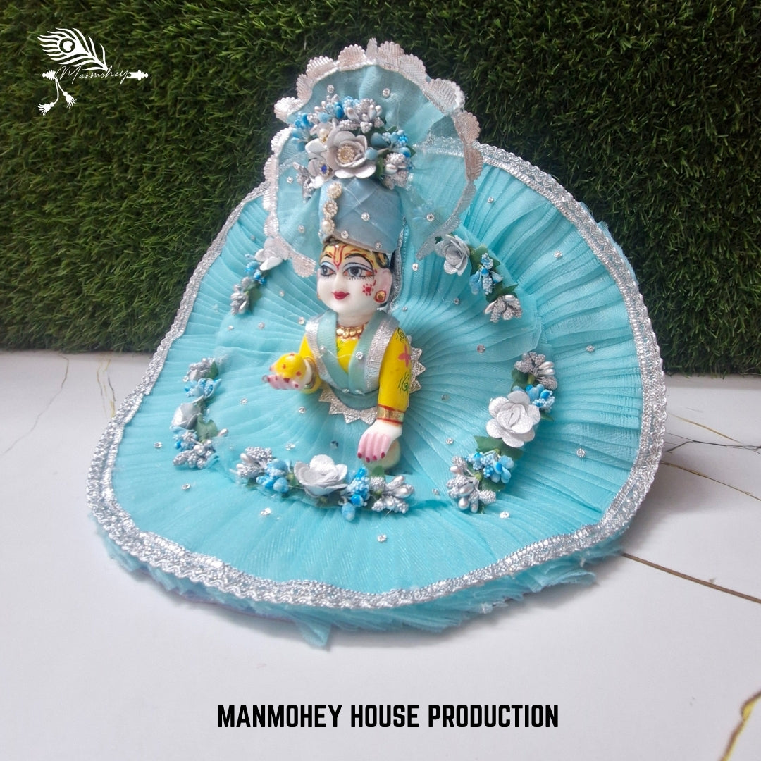 Elegant Sky Blue Laddu Gopal Dress with White Floral Design