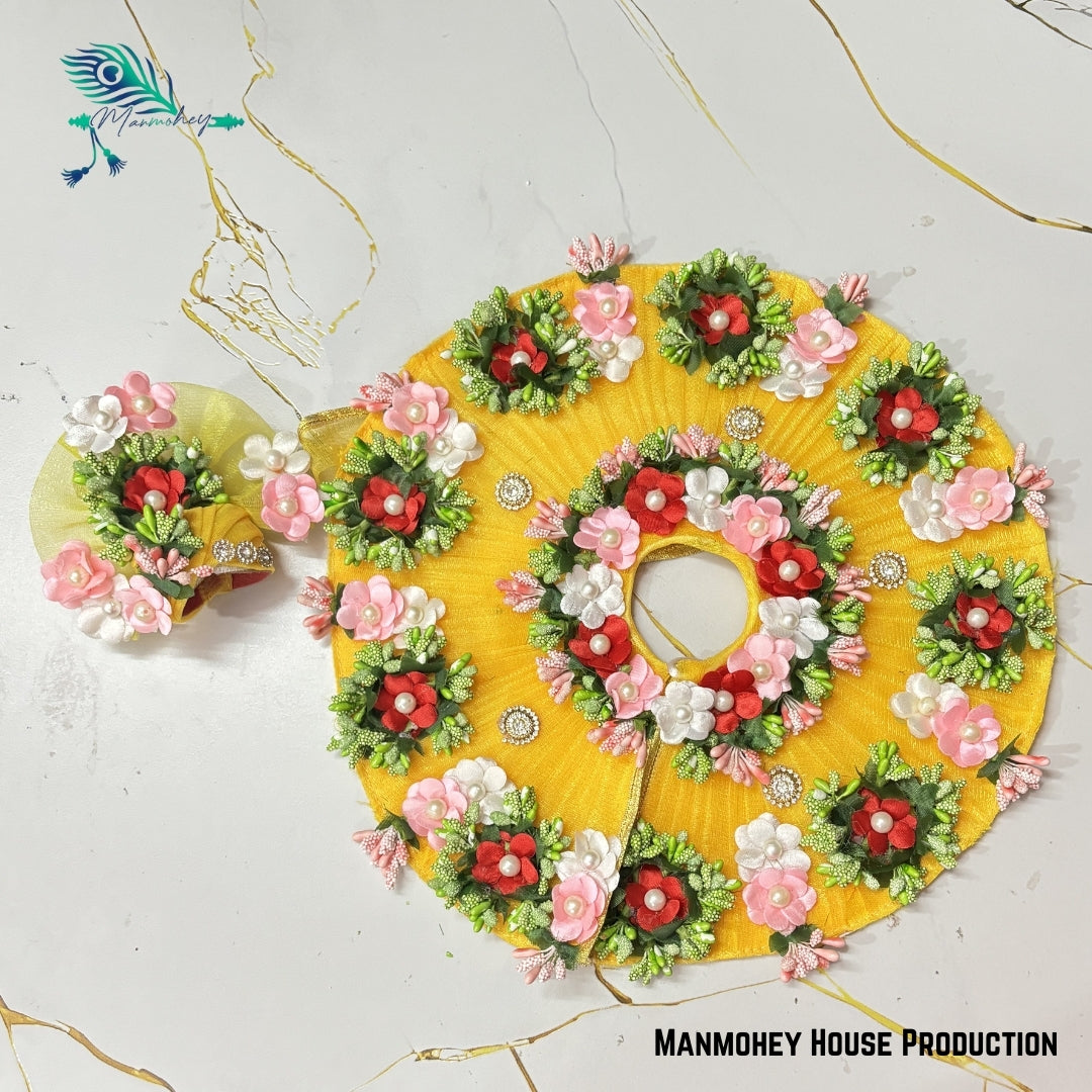 Elegant Yellow Floral & Pearl Embellished Laddu Gopal Poshak – Divine Krishna Ji Heavy Outfit