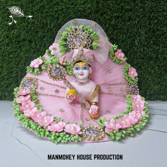 Divine Pink Radha Krishna Laddu Gopal Dress with Pearl & Floral Embellishments