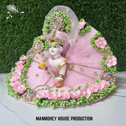 Divine Pink Radha Krishna Laddu Gopal Dress with Pearl & Floral Embellishments