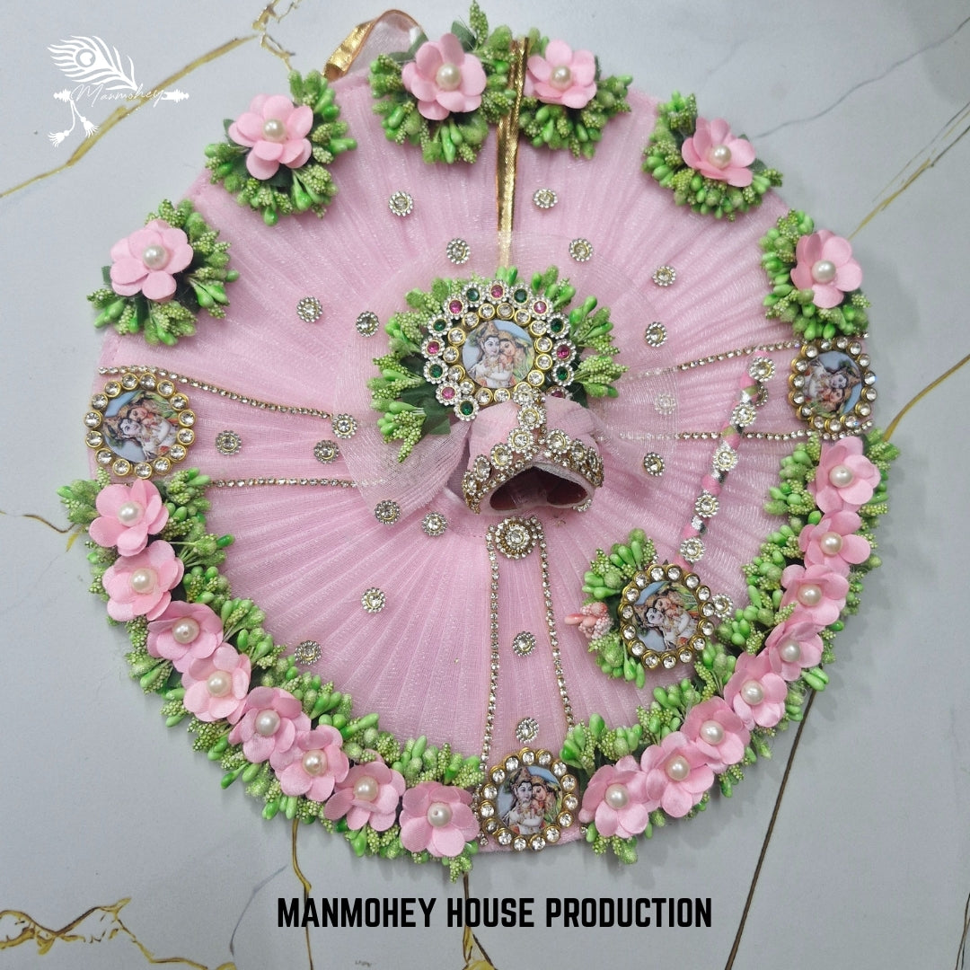 Divine Pink Radha Krishna Laddu Gopal Dress with Pearl & Floral Embellishments