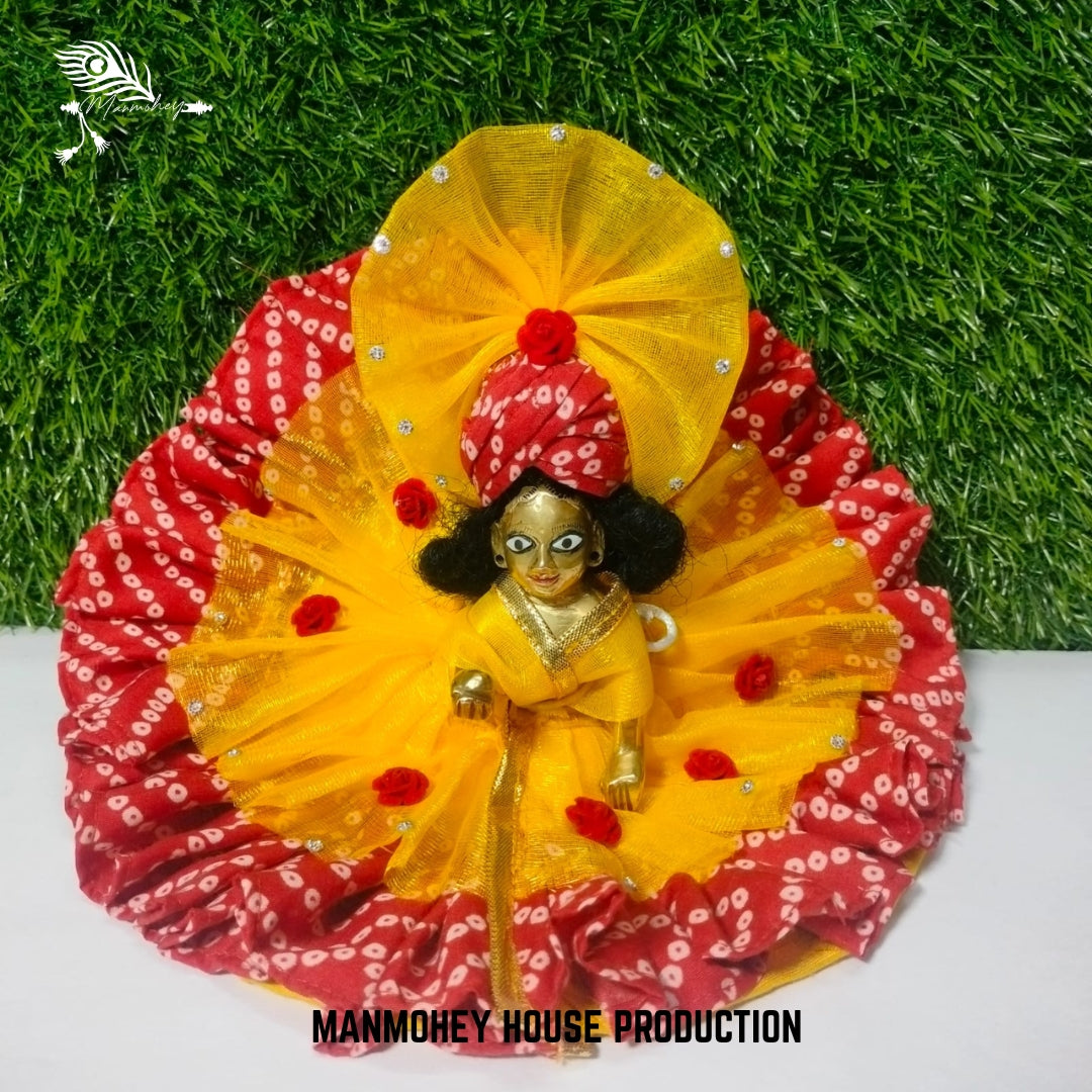 Laddu Gopal yellow colour heavy dress with red border
