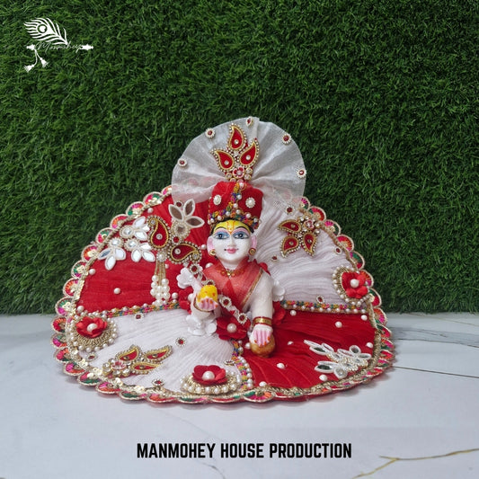 Divine Dual-Tone Red & White Dress for Laddu Gopal with Crown & Bead Embroidery | Manmohey Exclusive