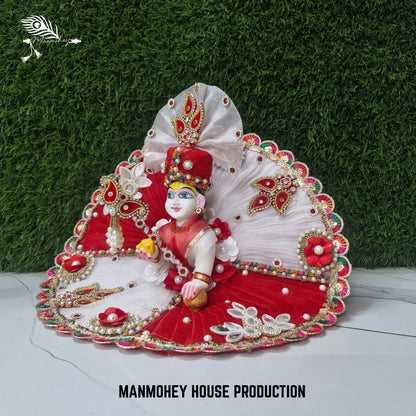 Divine Dual-Tone Red & White Dress for Laddu Gopal with Crown & Bead Embroidery | Manmohey Exclusive