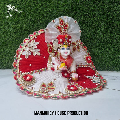 Divine Dual-Tone Red & White Dress for Laddu Gopal with Crown & Bead Embroidery | Manmohey Exclusive