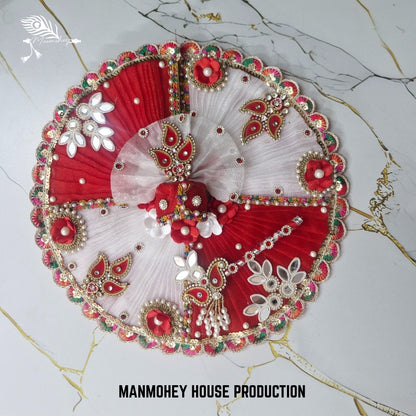 Divine Dual-Tone Red & White Dress for Laddu Gopal with Crown & Bead Embroidery | Manmohey Exclusive