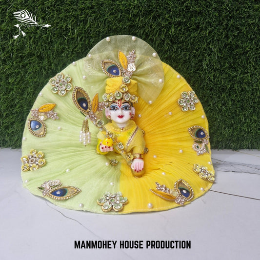 Divine Yellow-Green Laddu Gopal Dress with Bansuri & Peacock Motifs & Pearls