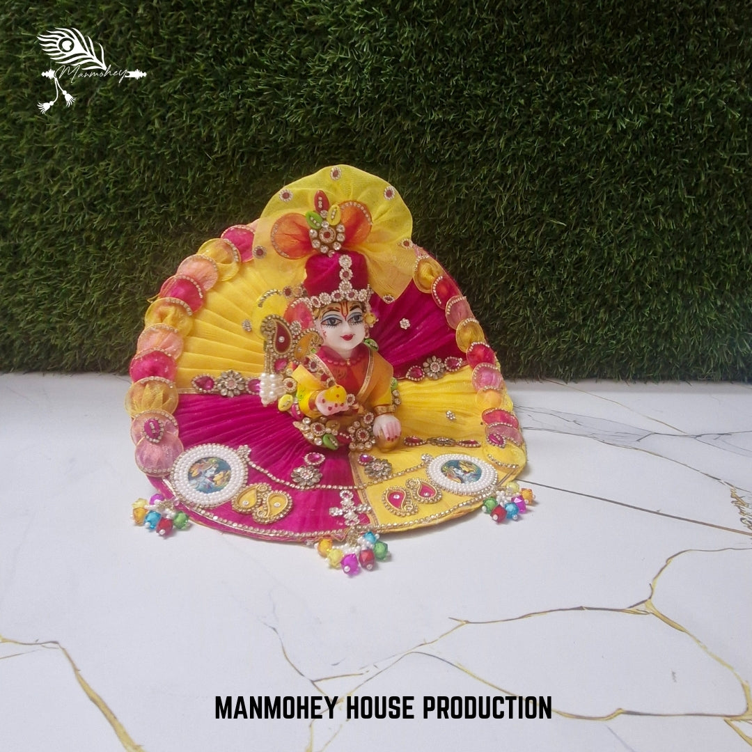 Laddu Gopal Dress with Bansuri – Yellow & Pink Embroidered Festive Outfit