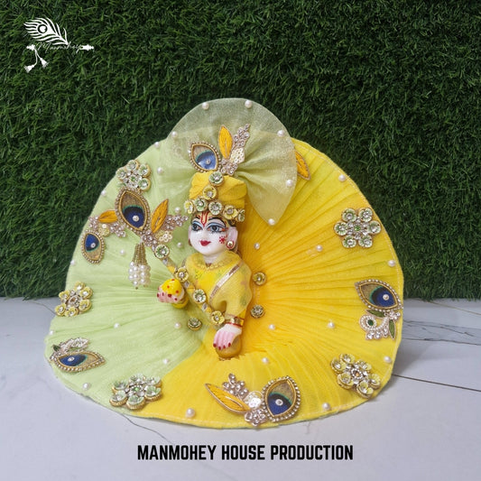 Divine Yellow-Green Laddu Gopal Dress with Bansuri & Peacock Motifs & Pearls