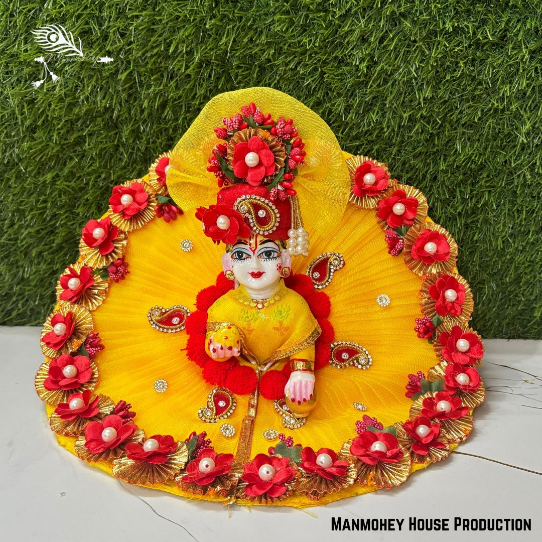 Floral Yellow Laddu Gopal Heavy Poshak | Handcrafted Krishna Ji Dress with Elegant Flowers
