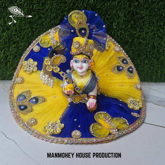 Royal Blue & Yellow Laddu Gopal Dress with Bansuri and Peacock Motif