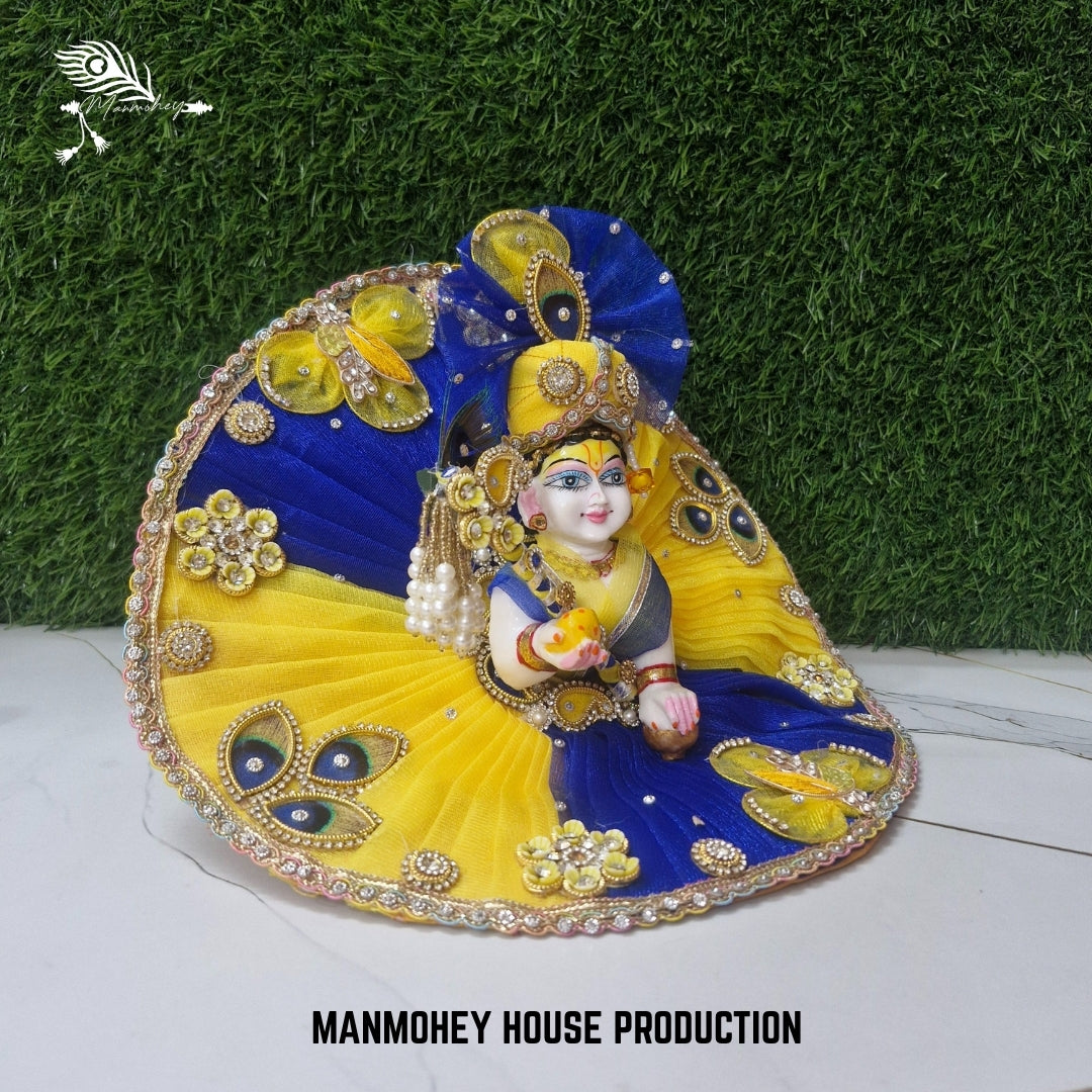 Royal Blue & Yellow Laddu Gopal Dress with Bansuri and Peacock Motif