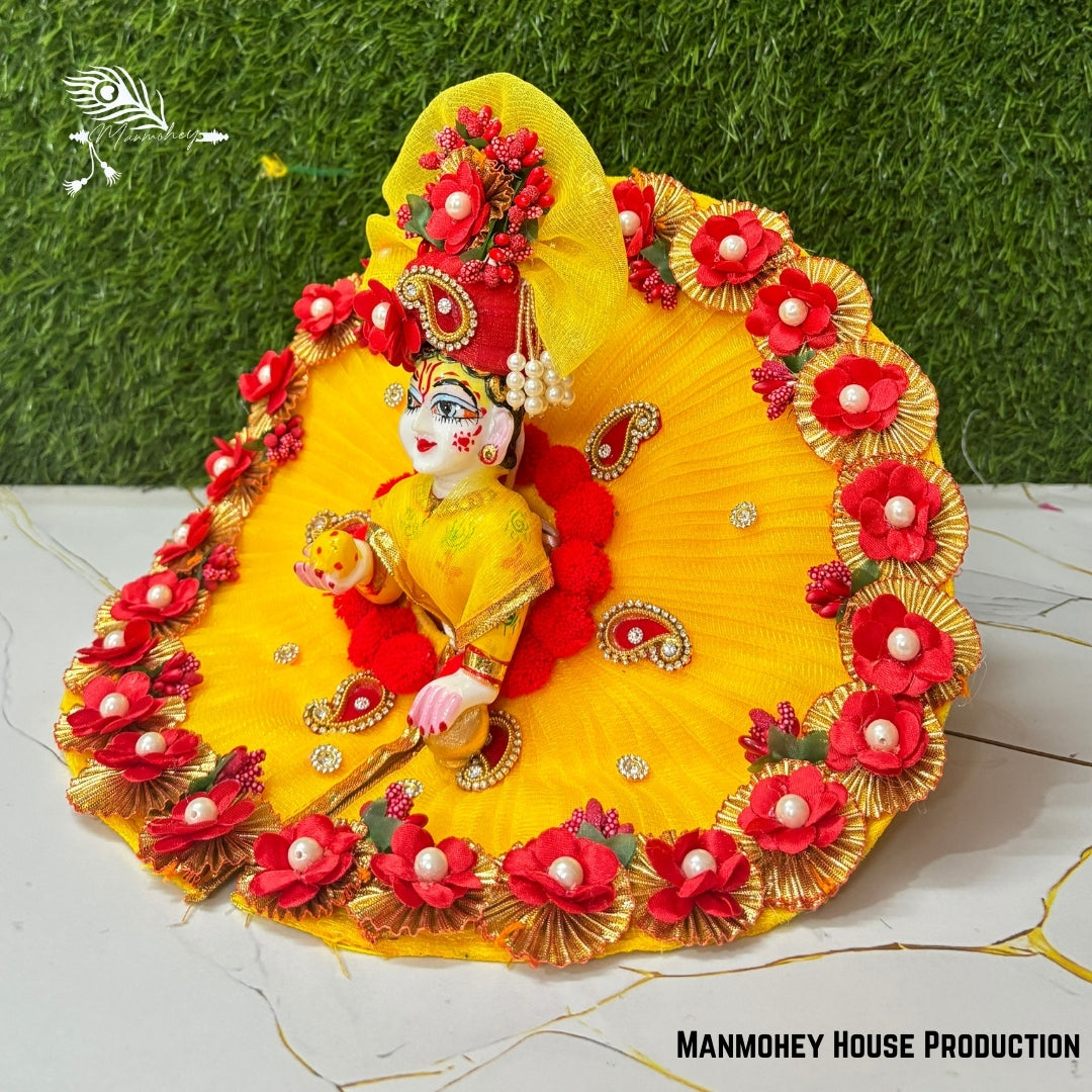 Floral Yellow Laddu Gopal Heavy Poshak | Handcrafted Krishna Ji Dress with Elegant Flowers