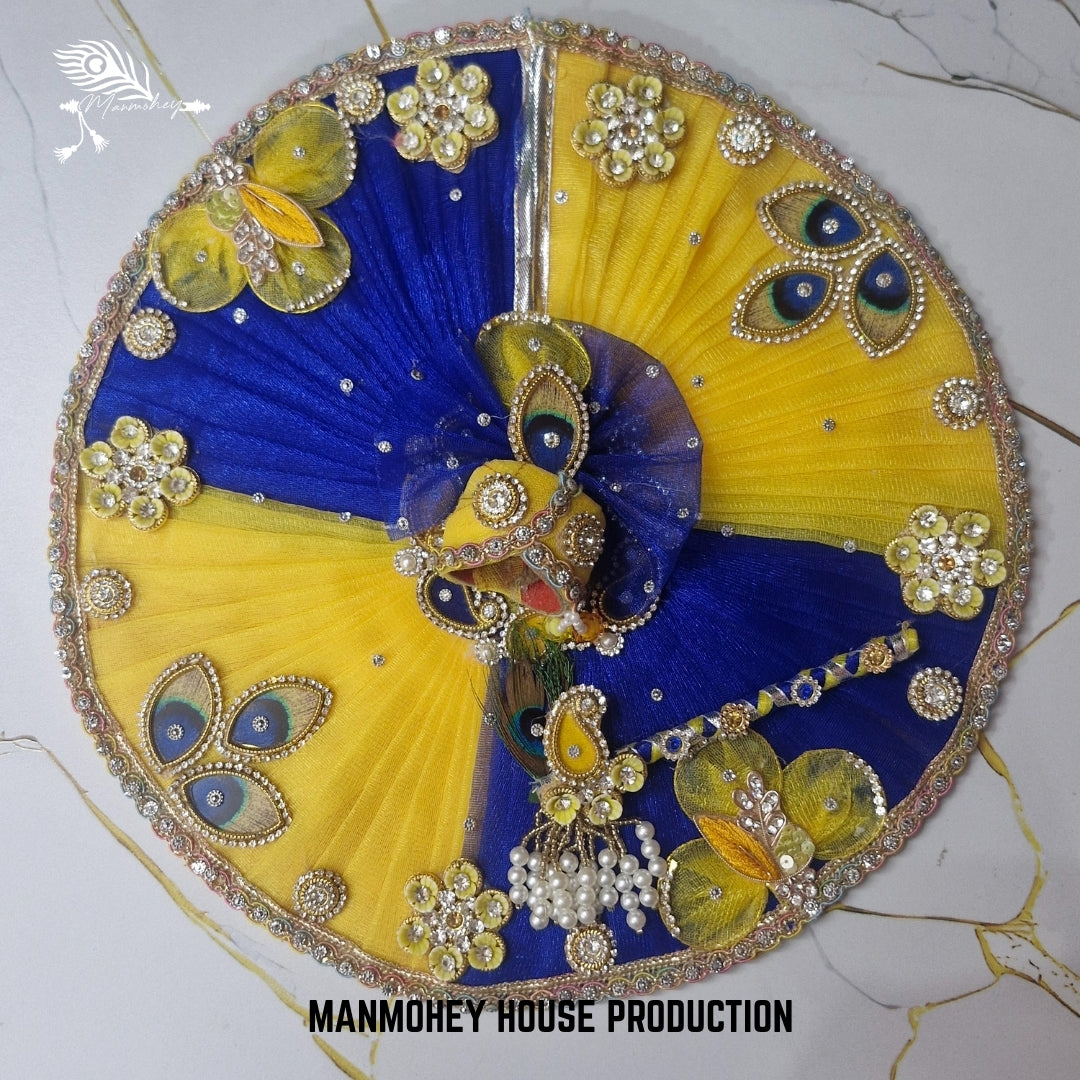 Royal Blue & Yellow Laddu Gopal Dress with Bansuri and Peacock Motif