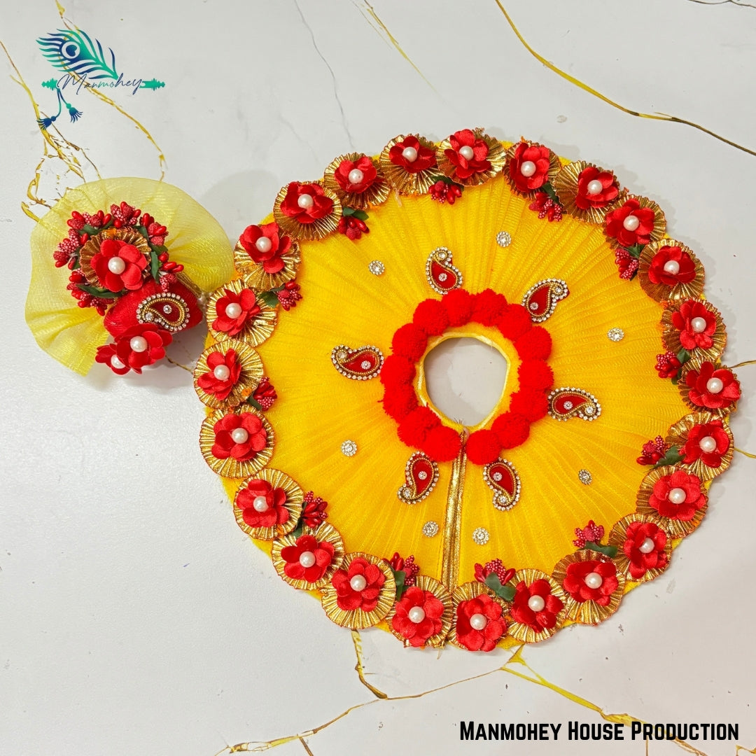 Floral Yellow Laddu Gopal Heavy Poshak | Handcrafted Krishna Ji Dress with Elegant Flowers