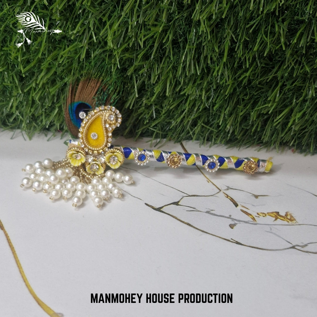 Royal Blue & Yellow Laddu Gopal Dress with Bansuri and Peacock Motif