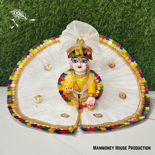 Royal White Laddu Gopal Heavy Dress – Multicolor Mirror Work Krishna Ji Poshak with Pom-Pom Borders