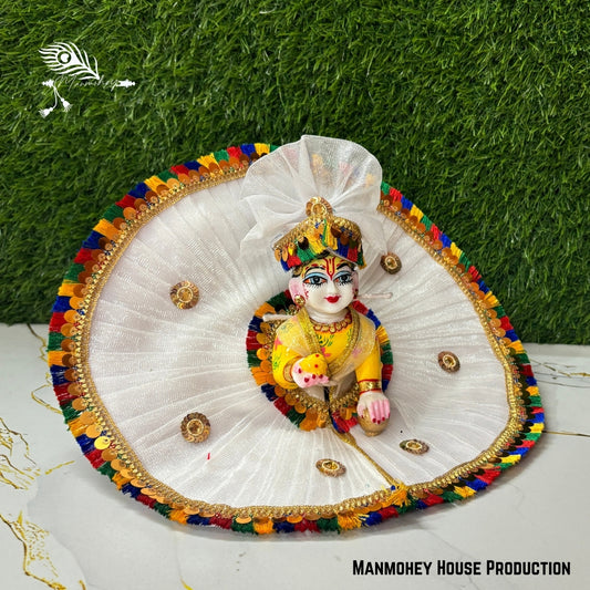 Royal White Laddu Gopal Heavy Dress – Multicolor Mirror Work Krishna Ji Poshak with Pom-Pom Borders