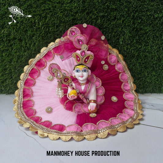 Elegant Pink & Magenta Net Dress for Laddu Gopal with Crown and Bansuri | Manmohey Designer Collection