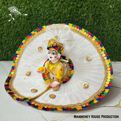 Royal White Laddu Gopal Heavy Dress – Multicolor Mirror Work Krishna Ji Poshak with Pom-Pom Borders