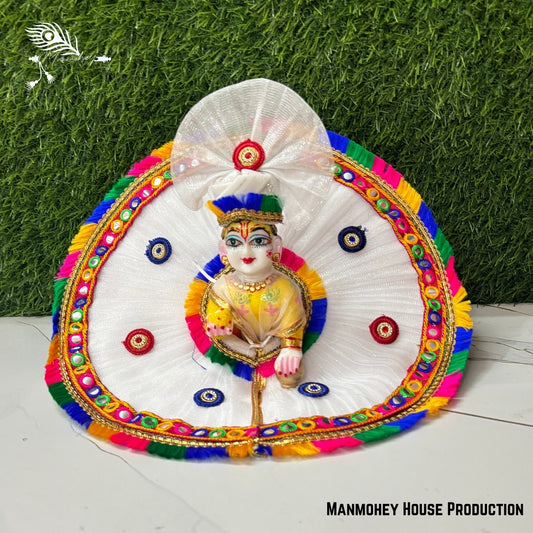 Elegant White Laddu Gopal Heavy Dress – Floral Bead Work Krishna Ji Poshak with Golden Embellishments