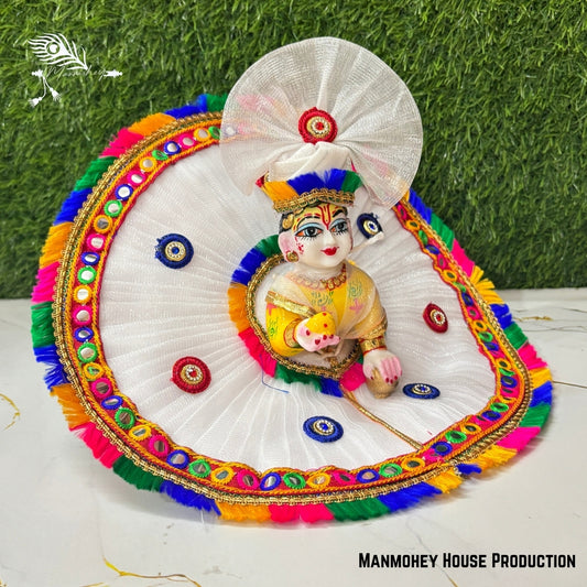 Elegant White Laddu Gopal Heavy Dress – Floral Bead Work Krishna Ji Poshak with Golden Embellishments