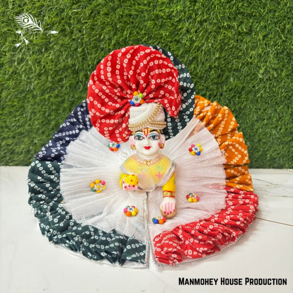 Elegant Multicolor Bandhani & White Laddu Gopal Poshak – Divine Kanha Ji Heavy Dress