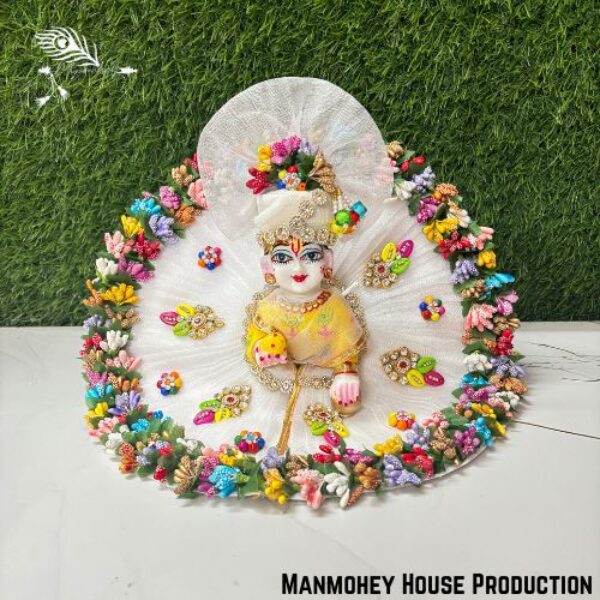 Handmade Laddu Gopal Poshak – White Floral Dress with Golden Embroidery & Stone Work