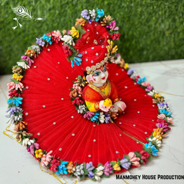 Handmade Laddu Gopal Heavy Dress – Royal Red Floral Poshak with Multicolor - Image 2