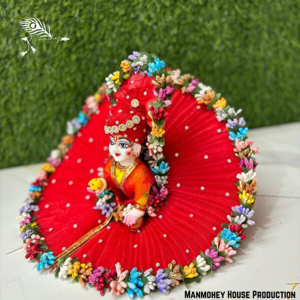 Handmade Laddu Gopal Heavy Dress – Royal Red Floral Poshak with Multicolor - Image 4