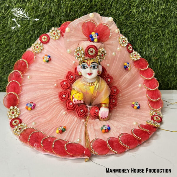 Graceful Pink & Red Laddu Gopal Heavy Dress – Handcrafted Krishna Ji Poshak with Pearl & Floral Embellishments