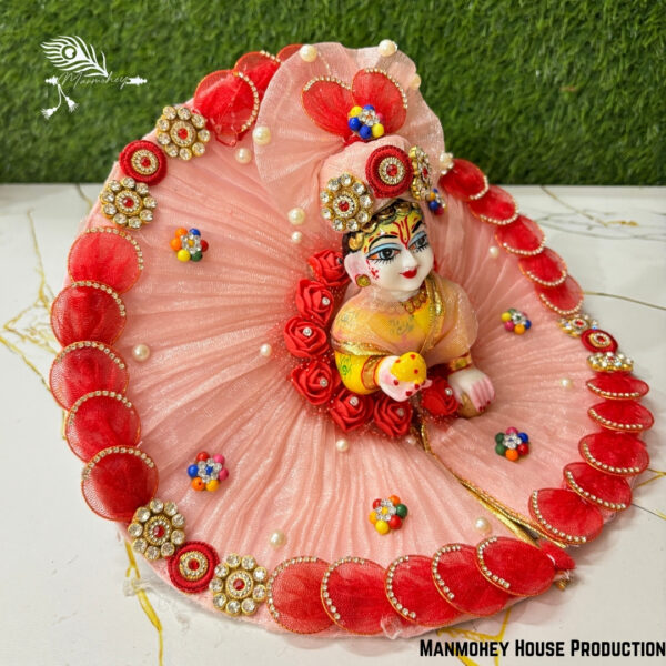 Graceful Pink & Red Laddu Gopal Heavy Dress – Handcrafted Krishna Ji Poshak with Pearl & Floral Embellishments - Image 3