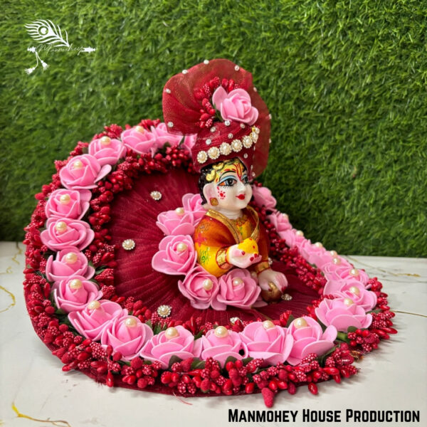 Handcrafted Laddu Gopal Heavy Dress Set – Maroon & Pink Floral Design with Pearl Embellishments - Image 2